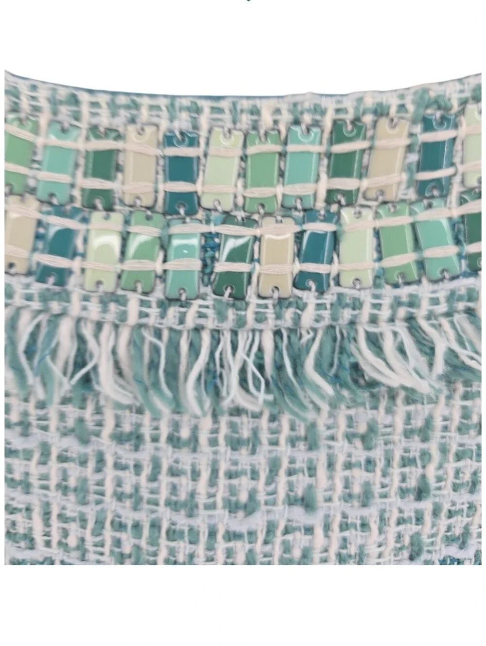 Tory Burch Joan Ribbon Tweed Blouse Size 2 Beaded Collar Striped Teal Fringe
